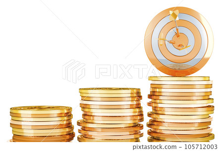 Target with stacks of growing gold coins. Successful business concept, 3D rendering 105712003