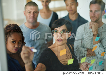 Smart, thinking business people planning and writing ideas on a transparent board while working together on a group project. Busy and organized workers creating a schedule and plans with sticky notes Smart, thinking business people planning and writing ideas on a transparent board while working together on a group project. Busy and organized workers creating a schedule and plans with sticky notes 105712042
