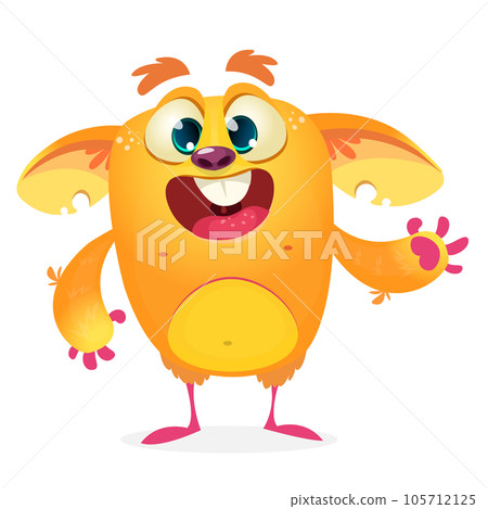 Funny cartoon smiling monster creature. Halloween Illustration of happy alien character. Vector isolated 105712125