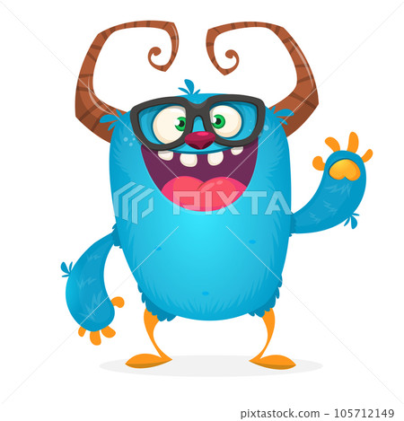 Funny cartoon smiling monster creature. Halloween Illustration of happy alien character. Vector isolated 105712149