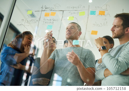 Business people brainstorming, planning and thinking of ideas on a glass board. A group or team of young professional designers using sticky notes to organize their thoughts in a modern office. 105712158