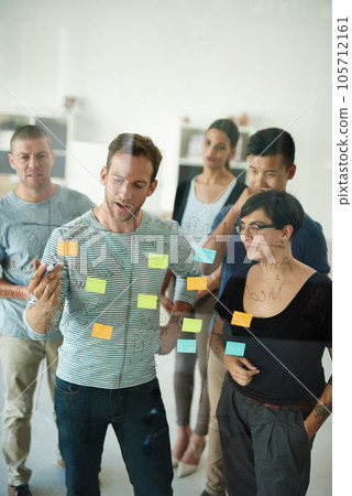 Manager, leader or boss talking and planning during a presentation, workshop or seminar with sticky notes in a boardroom. Business man discussing and brainstorming with his colleagues and coworkers 105712161