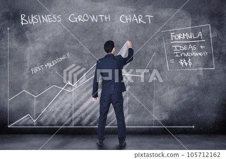 Finance businessman writing on CGI graphic chart while analyzing, planning and working on company budget marketing stats or data on dark background. Rear of accountant with analysis of career growth 105712162
