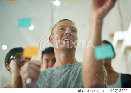 Manager brainstorming, planning in a corporate team meeting showing leadership, management skills in the workplace. Business colleagues writing project strategy on sticky notes in office environment 105712231