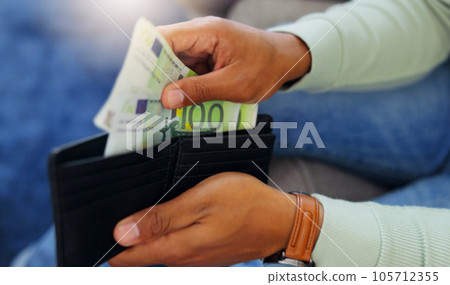 Finance, cash and wallet with hands of man for payment, banking and investment in living room. Currency, bills and wealth with guy and counting euro money at home for purchase, shopping and income Finance, cash and wallet with hands of man for payment, banking and investment in living room. Currency, bills and wealth with guy and counting euro money at home for purchase, shopping and income 105712355