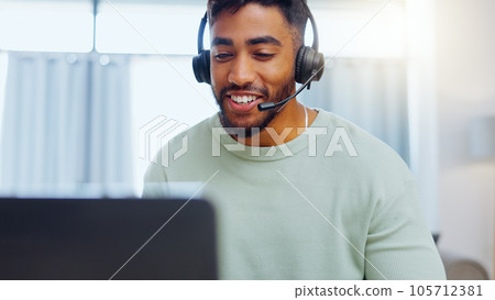 Video call, black man and work from home, virtual communication or remote client tech support in call center career. Hello, wave of indian person, agent or consultant in living room on laptop talking Video call, black man and work from home, virtual communication or remote client tech support in call center career. Hello, wave of indian person, agent or consultant in living room on laptop talking 105712381