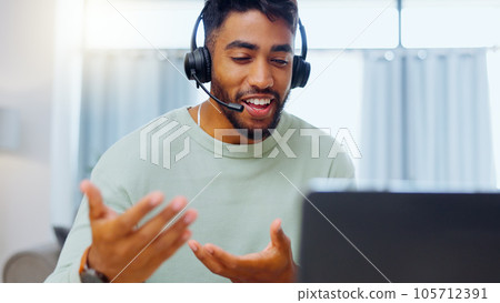 Video call, black man and work from home, virtual communication or remote client tech support in call center career. Hello, wave of indian person, agent or consultant in living room on laptop talking Video call, black man and work from home, virtual communication or remote client tech support in call center career. Hello, wave of indian person, agent or consultant in living room on laptop talking 105712391