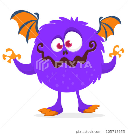 Funny cartoon smiling monster creature. Halloween Illustration of happy alien character. Vector isolated 105712655
