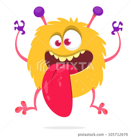 Funny cartoon smiling monster creature. Halloween Illustration of happy alien character. Vector isolated 105712670