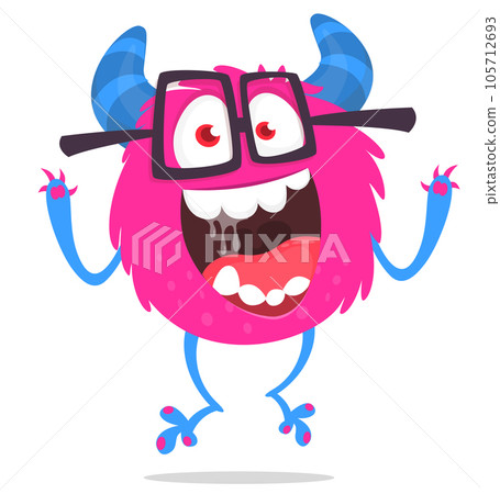 Funny cartoon smiling monster creature. Halloween Illustration of happy alien character. Vector isolated 105712693