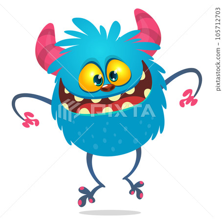 Funny cartoon smiling monster creature. Halloween Illustration of happy alien character. Vector isolated 105712703