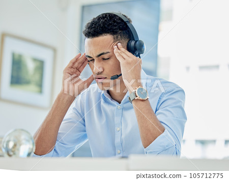 Business man, call center and headache, pain or stress of communication fail, financial mistake or job fatigue. Tired agent, consultant or sales person with anxiety, depression or migraine in office Business man, call center and headache, pain or stress of communication fail, financial mistake or job fatigue. Tired agent, consultant or sales person with anxiety, depression or migraine in office 105712775