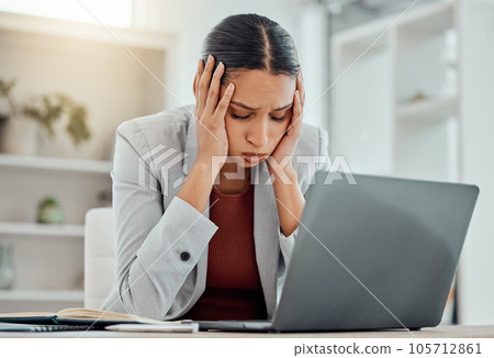 Pain, headache and stressed finance manager feeling sick, tired and worried about a financial problem at her startup company. Young and frustrated professional businesswoman working at an office 105712861