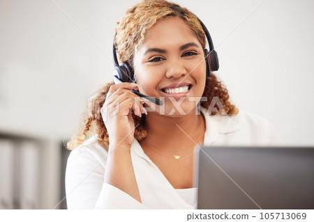 Happy, smiling and friendly call center agent wearing headset while working in an office. Portrait of confident businesswoman consulting and operating helpdesk for customer sales and service support Happy, smiling and friendly call center agent wearing headset while working in an office. Portrait of confident businesswoman consulting and operating helpdesk for customer sales and service support 105713069