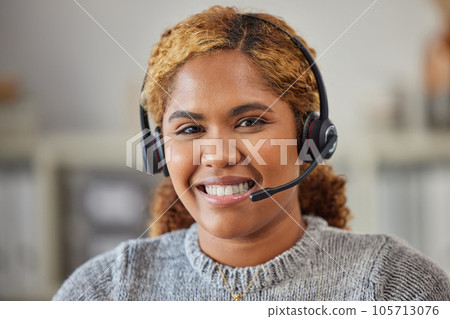African female call center agent smiling and happy to help in her office at work. Portrait of a young woman customer service employee looking excited and ready to support clients in her workplace 105713076