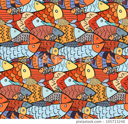 Cute seamless pattern with mess of bright red and blue overlay decorated fishes. Stylized doodle bright aquarium or river fish texture for kids textile, swimwear, wrapping paper, background, surface 105713248