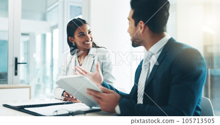 Tablet, meeting and partnership with business people working in an office as a team for research. Technology, planning or teamwork with a man and woman employee reading information in the workplace Tablet, meeting and partnership with business people working in an office as a team for research. Technology, planning or teamwork with a man and woman employee reading information in the workplace 105713505
