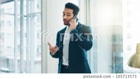 Business, asian man and phone call communication in office for feedback, negotiation and trading on mobile. Broker, corporate agent and talking on smartphone for contact, consulting and conversation 105713573