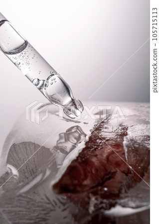 Pipette on a large piece of ice with frozen flowers. 105715113
