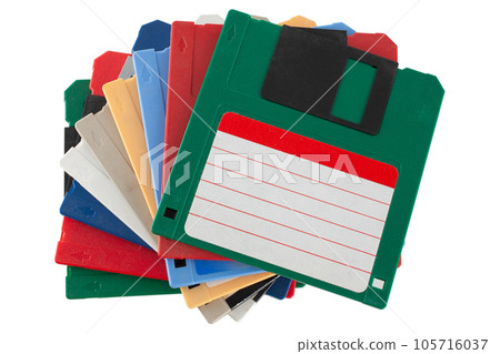 Colored old retro floppy diskettes in stack. Colored old retro floppy diskettes in stack. 105716037