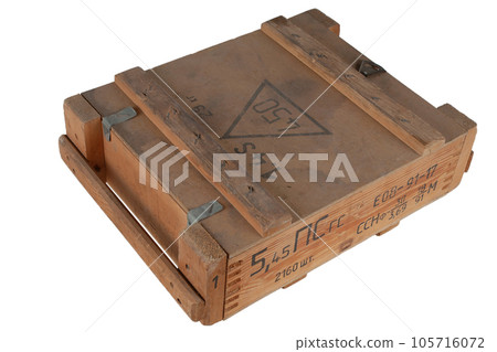 Army 5,45mm ammunition wooden crate. Text in russian - type of ammunition, projectile caliber, projectile type, number of pieces and weight. Army 5,45mm ammunition wooden crate. Text in russian - type of ammunition, projectile caliber, projectile type, number of pieces and weight. 105716072