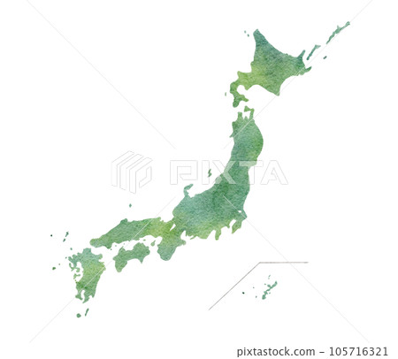 Green watercolor illustration of a handwritten map of Japan Green watercolor illustration of a handwritten map of Japan 105716321