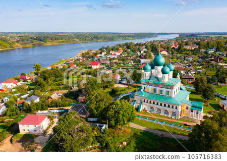 Drone view of the Resurrection Cathedral and residential areas in the city of Tutaev 105716383