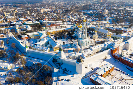 Aerial view of Trinity Lavra of St. Sergius covered with snow in Sergiev Posad 105716480