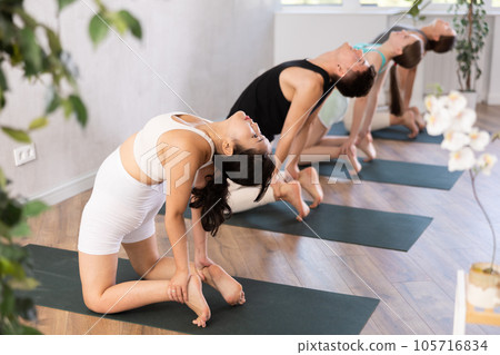 Young Asian girl performs camel pose, Ushtrasana to improve mobility of spine and stretch muscles 105716834