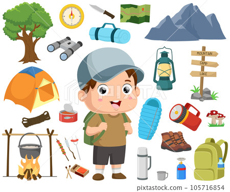 Cute little boy cartoon with camping equipment collection 105716854