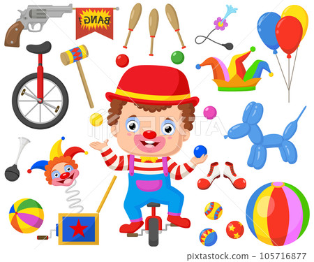 Cute joker with set of clown elements Cute joker with set of clown elements 105716877