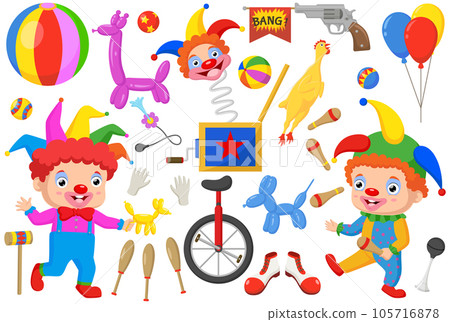 Cute joker with set of clown elements Cute joker with set of clown elements 105716878
