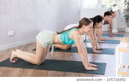 Girl performs bird dog pose, dandayamana hanumanasana, balancing table pose, group class 105716892