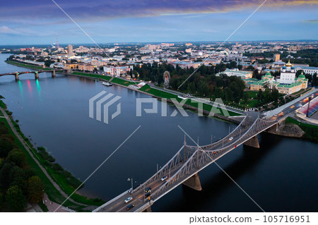 Aerial view of Tver on banks of Volga on summer twilight 105716951