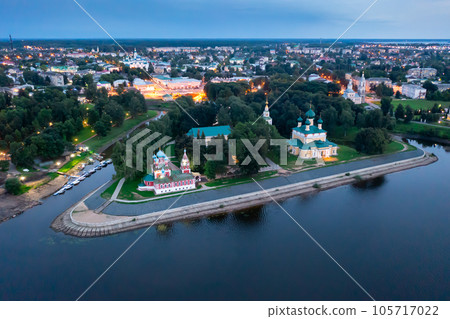 Aerial view of Uglich with Kremlin cathedrals on banks of Volga River at twilight, Russia Aerial view of Uglich with Kremlin cathedrals on banks of Volga River at twilight, Russia 105717022