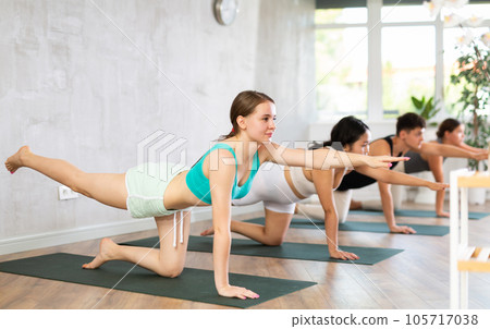 Girl performs bird dog pose, dandayamana hanumanasana, balancing table pose, group class 105717038