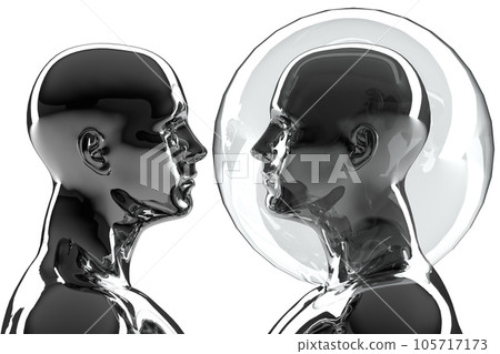 3D illustration. A couple of metal mannequins and one of them in a security bubble.  105717173