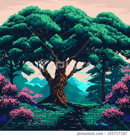 Generative ai summer forest landscape with big oak tree. 8Bit pixel art background filled with nature beauty and tranquility. Woodland game scene with majestic tree, dirt pathway and blooming flowers 105717197