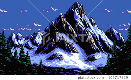 Generative ai snowy mountain landscape. 8Bit pixel art background. Nostalgic pixelated game scene with majestic snowy summit under the blue cloudy sky with deep forest around, parallax nature level 105717229
