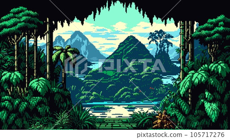 AI generated tropical jungles forest landscape in 8bit pixel art for game, vector background. Jungle rainforest nature scene with lake, tropical palms and mountain trees in cartoon 8 bit pixel AI generated tropical jungles forest landscape in 8bit pixel art for game, vector background. Jungle rainforest nature scene with lake, tropical palms and mountain trees in cartoon 8 bit pixel 105717276