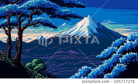 AI generated snowy mountain peak landscape, 8bit pixel game vector background. Alpine mountain panorama with forest trees and valley, cartoon nature scenery in 8 bit pixel for arcade game level 105717278