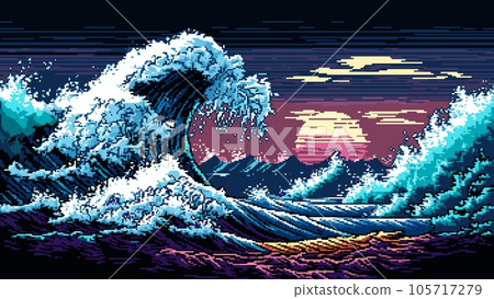 Tsunami wave landscape. AI generated 8 bit pixel game scene of sea storm surf at sunset. Vector stormy ocean nature background with big water waves of powerful tide, purple sky, sun and clouds 105717279