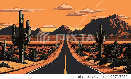 Ai generated desert road landscape with mountains. 8Bit retro pixel art background. 2d nostalgic game scene with cacti along empty asphalt highway and Arizona canyon vast arid land perspective view 105717281
