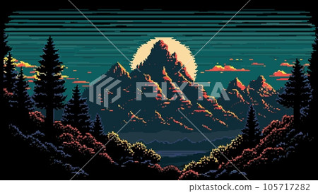 Night mountain landscape. AI generated 8 bit pixel game scene with dark sky and full moon over mountain valley. Vector background of retro game level with forest trees, mountain hills and peaks 105717282