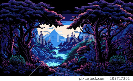 Night forest and river landscape. AI generated 8 bit pixel game scene with nature vector background, mountain valley scenery view, forest trees, plants and flowers on rock shores of flowing river Night forest and river landscape. AI generated 8 bit pixel game scene with nature vector background, mountain valley scenery view, forest trees, plants and flowers on rock shores of flowing river 105717291
