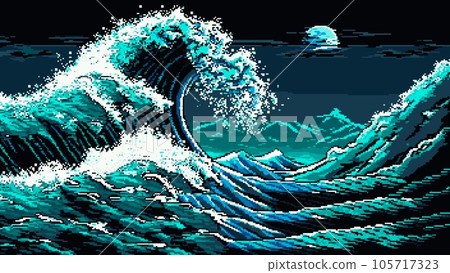 Generative ai night sea storm waves landscape. 8Bit pixel art game background, captures the intensity and power of the turbulent sea. Striking pixelated scene with full moon and tsunami in the ocean 105717323