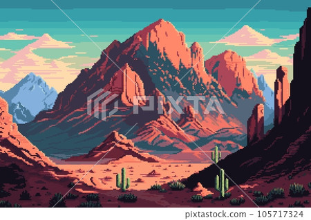 Wild west landscape with desert and mountains. Ai generated 8bit pixel game scene background. 2d nature background in pixelated retro style, with rocks and cacti, capture the beauty of western world 105717324