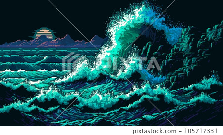 Night sea storm waves landscape, AI generated 8 bit pixel game scene. Dark water waves crashing on rocks of sea or ocean coast vector background with stormy surf splashes, night sky and moon 105717331