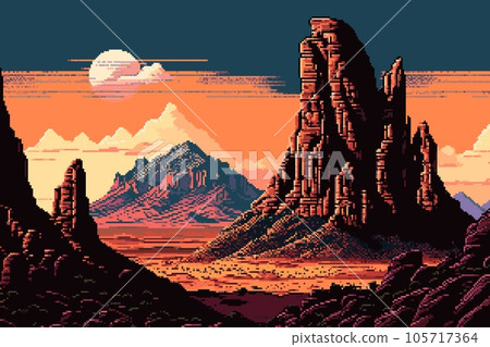 Wild West desert mountains landscape for AI generated 8bit pixel game scene, vector background. Western canyon valley and desert rocks of Texas or Arizona landscape in 8 bit pixel of arcade game level 105717364
