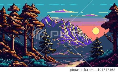 Evening sunset mountain lake and forest landscape. AI generated 8 bit pixel game scene with sun setting over mount valley. Vector nature background, snow mountain range and trees on rocky lake shore Evening sunset mountain lake and forest landscape. AI generated 8 bit pixel game scene with sun setting over mount valley. Vector nature background, snow mountain range and trees on rocky lake shore 105717368